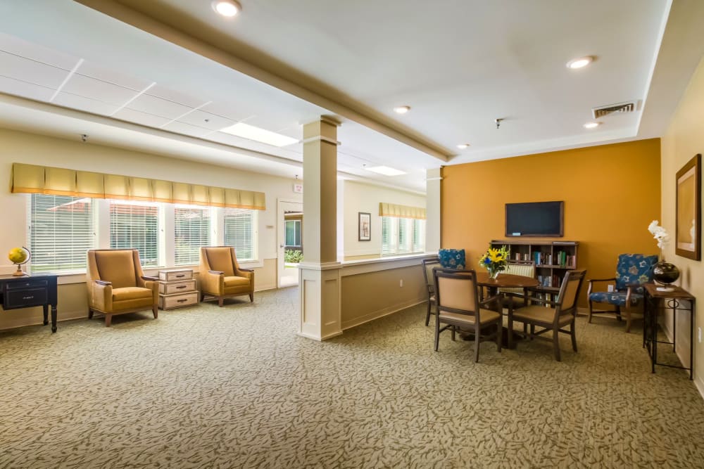 resident seating area with library